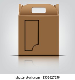 empty brown box product package with window shape cut out and template blank for design product package gift box,  kraft card board package carton. Vector