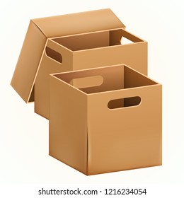 Empty brown cardboard box packaging container. Tare for transportation, storage and keeping. Vector illustration of isolated on white background 3d realistic set of hard paper box.