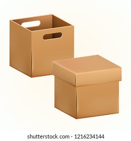 Empty brown cardboard box packaging container. Tare for transportation, storage and keeping. Vector illustration of isolated on white background 3d realistic set of hard paper box.