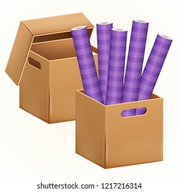 Empty brown cardboard box packaging container with rolls of striped wallpaper inside. Vector illustration of isolated on white background 3d realistic set of hard paper box.