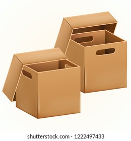 Empty brown cardboard box packaging container for transportation, storage and keeping. Vector illustration of isolated on white background 3d realistic set of hard paper box.