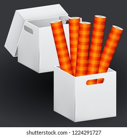 Empty brown cardboard box packaging container with rolls of striped wallpaper inside. Vector illustration of isolated on black background 3d realistic set of hard paper box.