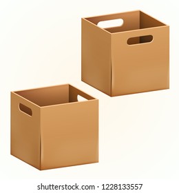Empty brown cardboard box packaging container. Tare for transportation, storage and keeping. Vector illustration of isolated on white background 3d realistic set of hard paper box.