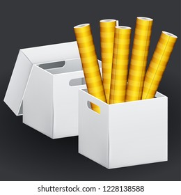 Empty brown cardboard box packaging container with rolls of striped wallpaper inside. Vector illustration of isolated on black background 3d realistic set of hard paper box.