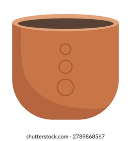 Empty brown ceramic flower pot with minimalist circle geometric ornament design, modern garden planter