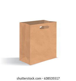 Empty brown paper bag with handles holes. Realistic kraft package with shadows isolated on white background. design  template.