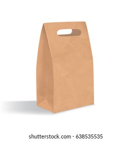 Empty brown paper bag with handles holes. Realistic triangular kraft package with shadows isolated on white background. design  template.