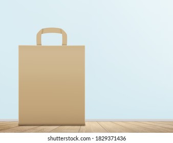 Empty brown paper bag on a wooden surface. Vector template. Mockup for advertising