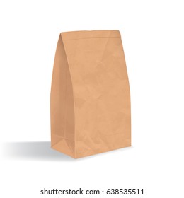 Empty brown paper bag. Realistic triangular kraft package with shadows isolated on white background. design  template.