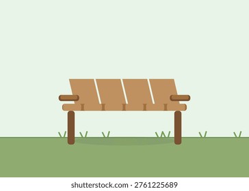 Empty brown park bench with wooden slats standing on green grassy lawn. Minimalist outdoor seating area in daylight.