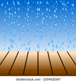 Empty brown tabletop display over blue water drops background. Useful as backdrop, image montage for display products (e.g. drinking water), or for design key visual layout. Vector illustration, EPS10