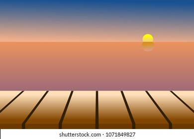 Empty brown tabletop over the sea, sky, sun and horizon line in dusk / dawn time. Use as background, backdrop, or montage for display products, or design key visual layout. Vector illustration, EPS10.