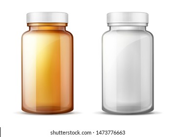 Empty, brown and transparent plastic or glass bottles with white screw lids 3d realistic vector mockup. Food product, medicines, pills or drugs packaging illustration set isolated on white background