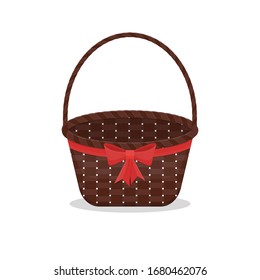 Empty brown wicker basket with red bow and ribbon. Element for holiday, present, gift or picnic design. Vector isolated on white background illustration.