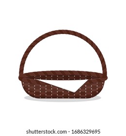 Empty brown wicker basket with white napkin. Element for holiday, present, gift or picnic design. Vector isolated on white background illustration.