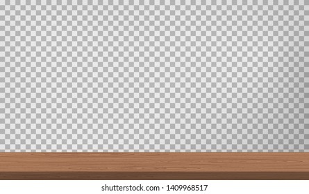 Empty brown wooden table surfece next to squared wall. Vector illustration
