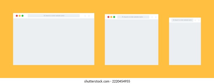 Empty browser template window on yellow background. Desktop, tablet and mobile UI design vector illustration.
