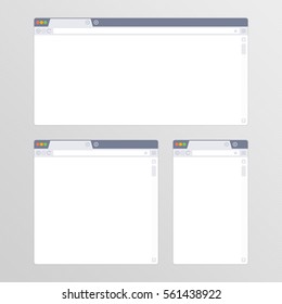 Empty Browser window in flat style vector illustration. Mockup web browser screen different sizes in modern design. Blank Browsers window for devices of computer, tablet, and smart phone. EPS 10.