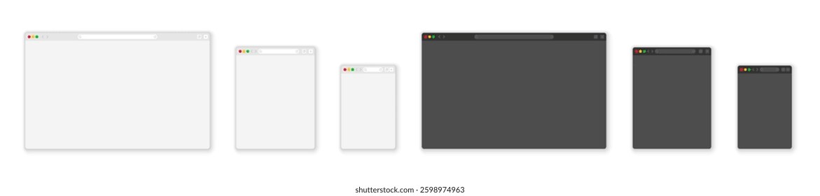 Empty browser window on transparent background. Empty web page mockup with toolbar. Browser windows. Realistic empty browser windows. Website template vector illustration