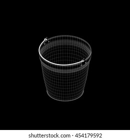 Empty bucket. Isolated on black background. 3d Vector outline illustration. 3d isometric style.