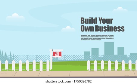 Empty Lot For Building Construction. Build Your Own Business. Place For Building A House Or Own Production. Empty Plot For Sale. Vector Illustration.