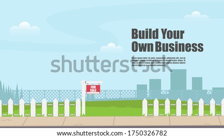 Empty lot for building construction. Build your own business. Place for building a house or own production. Empty plot for sale. Vector illustration.