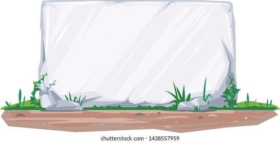 Empty bulletin board from a stone flat surface with small cracks in gray color standing on ground with grass and ivy plant, place for text information isolated illustration