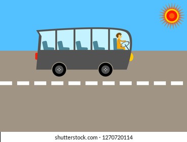 Empty bus going on the way sunny bright day