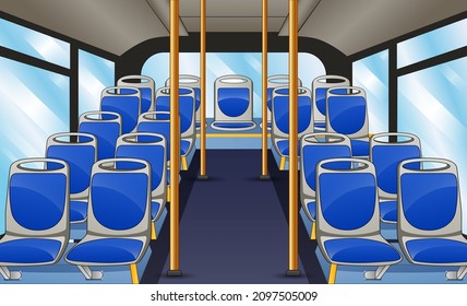 Empty bus interior with blue seats and bus handle