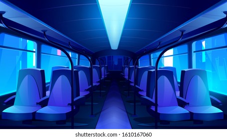 Empty Bus Interior At Night. Vector Cartoon Passenger Cabin Of Public City Transport With Blue Seats And Urban Landscape Behind A Window. School Autobus, Tram Or Train Inside