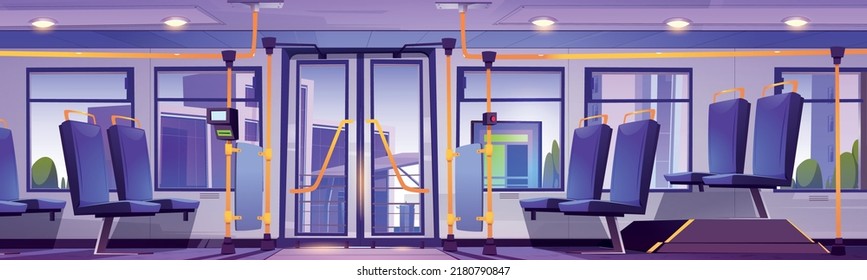 Empty bus on bus stop or station on city street. Vector cartoon illustration of public passenger transport cabin interior with blue chairs, ticket validator, doors and windows