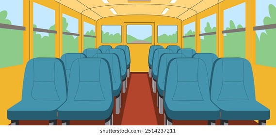 Salão de ônibus vazio com bancos macios ilustração plana. Veículo público 2D interior cartoon fundo. Imagem vetorial da cena de transporte de passageiros