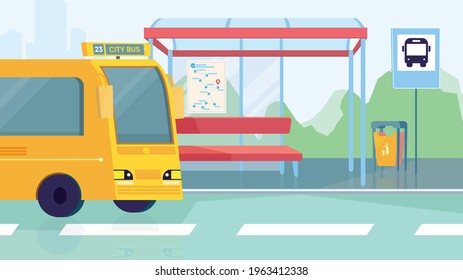 Empty bus station interior, banner in flat cartoon design. Transport stop, seats, yellow city bus. Modern public urban transportation, infrastructure concept. Vector illustration of web background