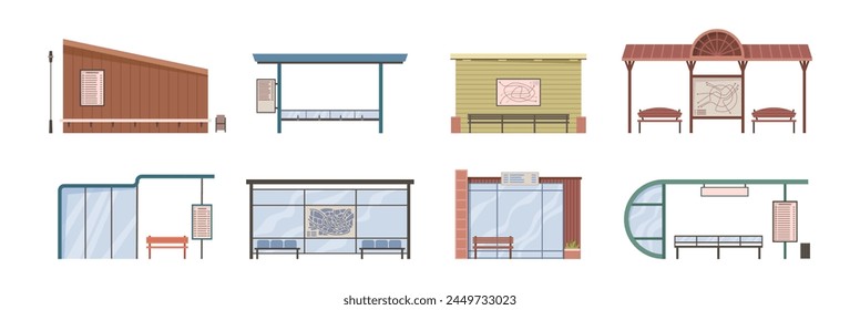 Empty bus stop and blank public transport stations with arrival and departure information on routes. Vector isolated set of sheltered locations for passengers to wait, train platform or underground