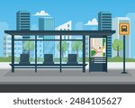 Empty bus stop with city skyline background. Bus stop public transport in flat style. Vector stock