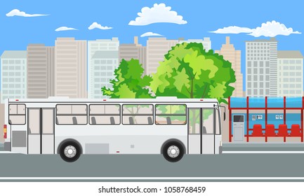 Empty Bus Stop and Bus with City Skyline Flat Design Style.