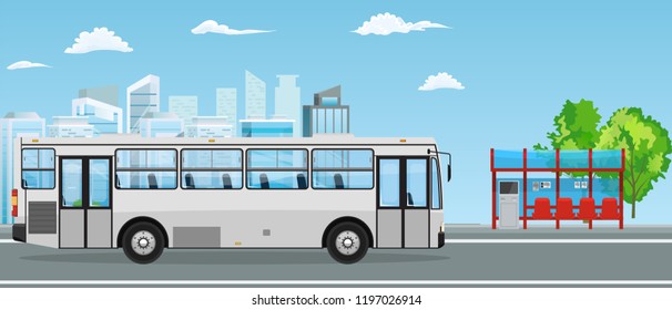 Empty Bus Stop and Bus with City Skyline Flat Design Style.