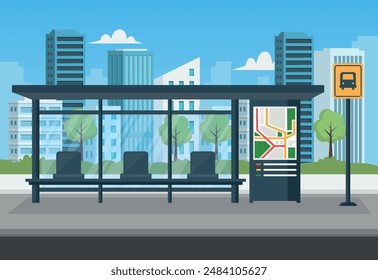 Empty bus stop with city skyline background. Bus stop public transport in flat style. Vector stock