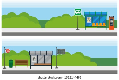 Empty bus stop with glass shelter and road signs