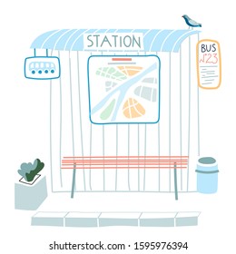 Empty bus stop public transport station with paper map on wall, information board, signs, timetable with vehicle number. Bird on roof, flowerbed, trash can, bench. Vector illustration in flat design