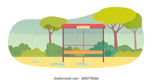 Empty bus stop in rainy weather background. Outdoor urban street in rain, pavement in puddles, sky with clouds. Public transport place vector illustration. Front view of busstop with map and sign.