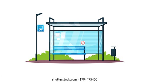 Empty bus stop semi flat RGB color vector illustration. Bus station shelter and sign. Urban public transport platform. No smoking area. Isolated cartoon object on white background