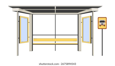 Parada de autobús vacía con refugio y muestra ilustración de dibujos animados doodle. Parada de autobús cubierta con banco y Anuncios de calle en blanco Fondo plano 2D aislado en blanco. Doodleart dibujado a mano colorido