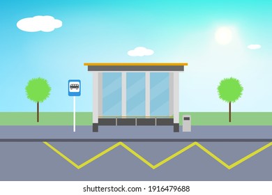 Parada de autobús vacía. El clima soleado con nubes. Señal de parada de autobús, bote de basura, árboles, zigzag de línea amarilla. Diseño plano. Ilustración vectorial de material.