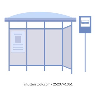 Ponto de ônibus vazio. Estação de espera com mapa de tráfego e sinal de ônibus. Elemento de design moderno para infográfico urbano. Ilustração de vetor plano isolada em transparente.