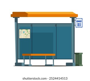 Parada de autobús vacía. Estación de espera con banco, mapa de tráfico, señal de autobús y papelera. Elemento de diseño moderno para infografía urbana. Ilustración vectorial plana aislada en transparente.