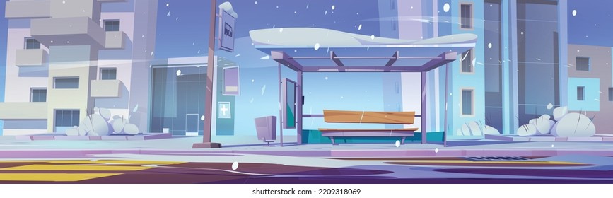Empty bus stop in winter city. Cartoon vector illustration of public transport station covered with snow against urban architecture background. Snowfall in town street with modern buildings and road