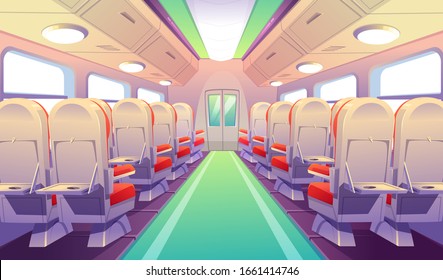 Empty Bus, Train Or Airplane Interior With Chairs And Folding Back Seat Tables. Vector Cartoon Cabin Of Passenger Carriage Transport With Comfortable Seats And Foldable Tray Desk