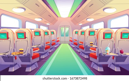 Empty Bus, Train Or Airplane Interior With Chairs And Folding Back Seat Tables. Vector Cartoon Cabin Of Passenger Carriage Transport, Seats With Digital Display, Food And Drink On Foldable Tray Desk