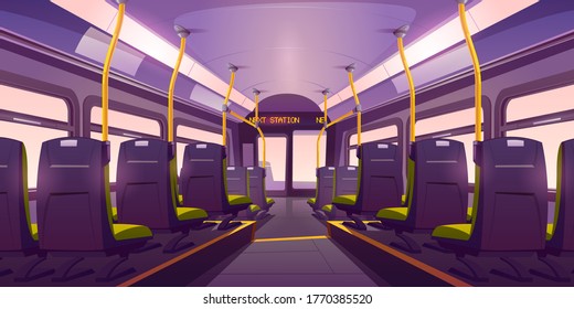 Empty bus or train interior with chairs, handrails and windows. Vector cartoon cabin of passenger carriage transport with comfortable seats and digital display back view